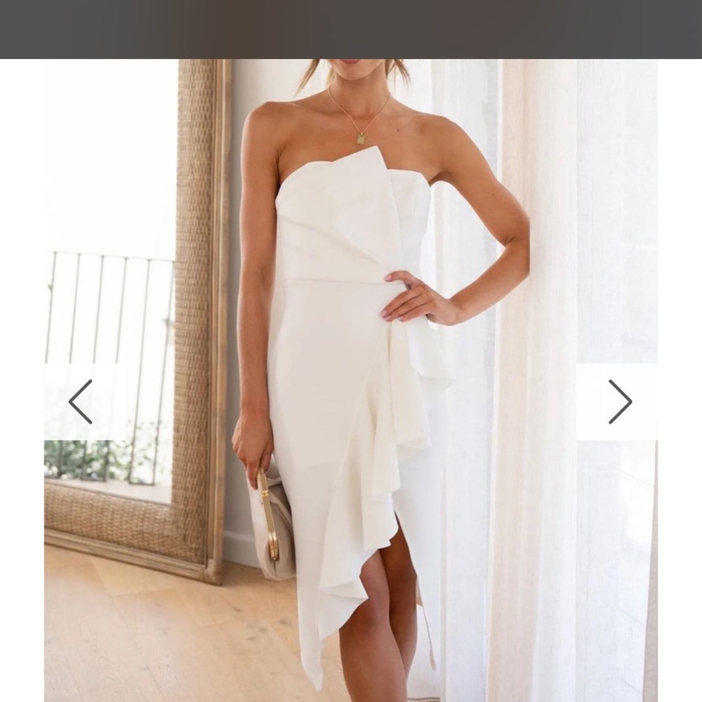 Strapless White Ruffle Asymmetric Midi Dress